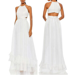 Mac Duggal Dress White Chiffon Halter Neck Cross Open Back CutOut Maxi Gown Sz 6